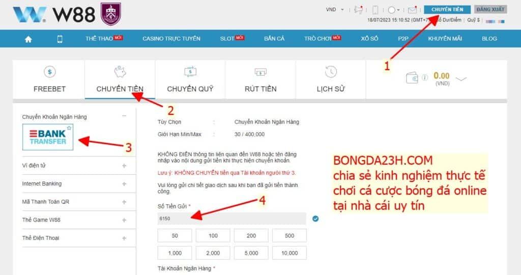 w88, nhà cái w88, BÓNG ĐÁ 23H, BÓNG ĐÁ 24H, nạp tiền vào tài khoản cá cược bóng đá online, nạp tiền vào tài khoản cá độ bóng đá trực tuyến, chuyển khoản ngân hàng, nạp tiền cá cược bóng đá qua chuyển khoản ngân hàng, gửi tiền cá độ bóng đá qua chuyển khoản ngân hàng